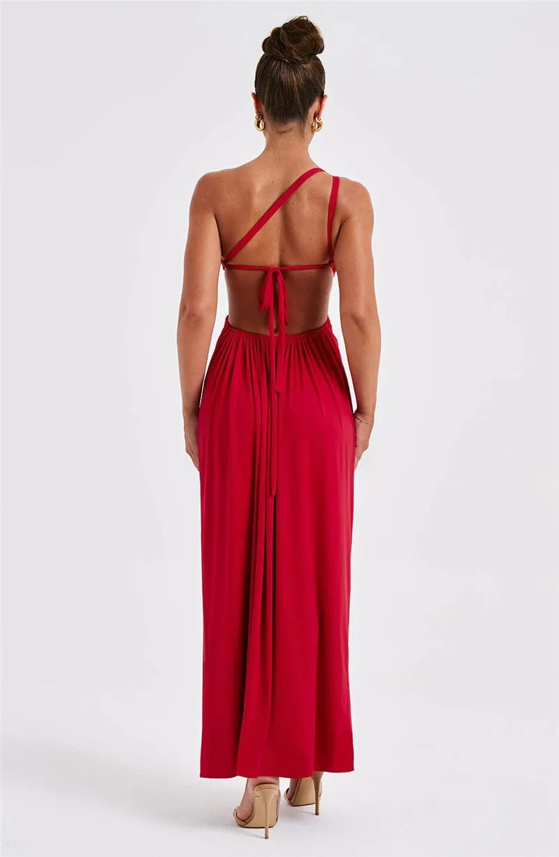 Robe maxi sexy Mozision à une épaule, col diagonal et dos nu, style peignoir, sans manches, fendue jusqu'à la cuisse.