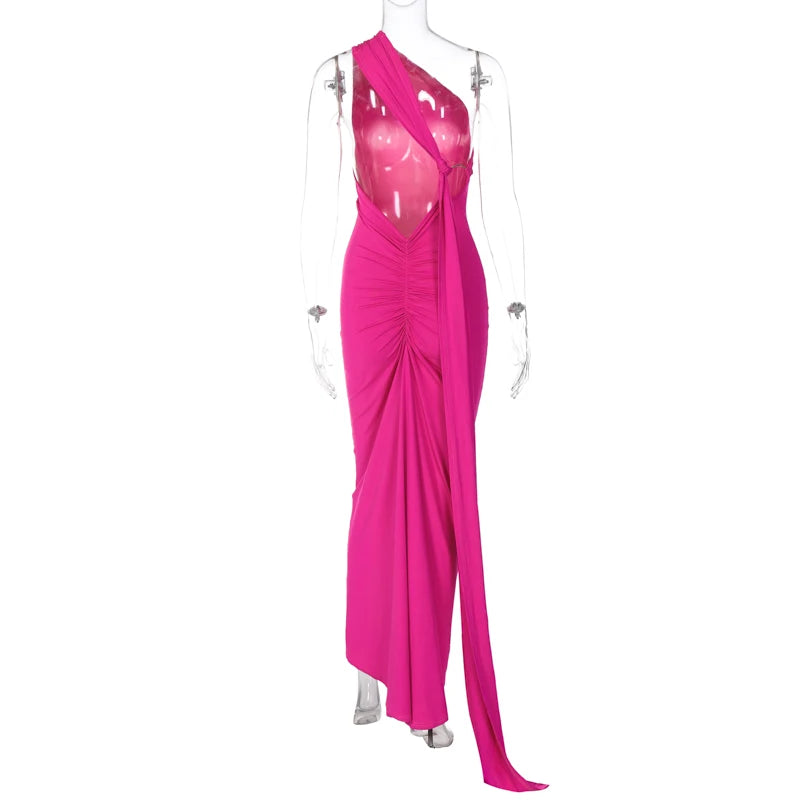 2023 One Shoulder Backless Adjustable Scarf Loop Ruched Sexy Maxi Dress Women Elegant Y2K Streetwear Festival Outfit
