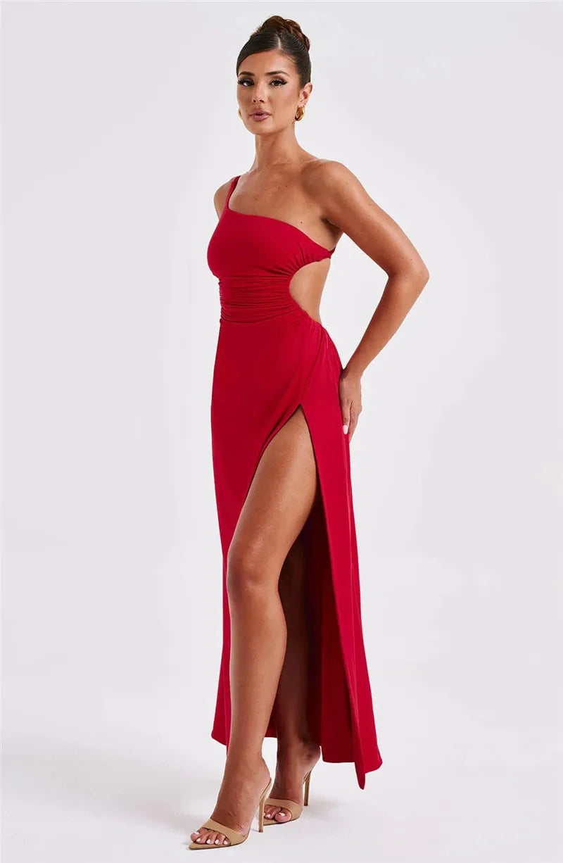 Robe maxi sexy Mozision à une épaule, col diagonal et dos nu, style peignoir, sans manches, fendue jusqu'à la cuisse.