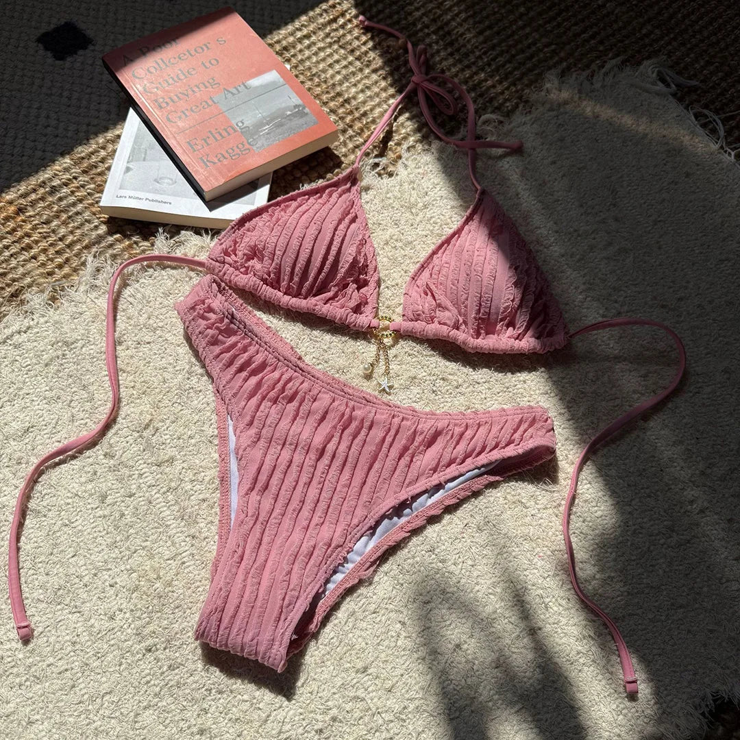 Wrinkled Halter Bikini Women Swimwear Female Swimsuit Two-pieces Bikini set Brazilian High Cut Bather Bathing Suit Swim V6209
