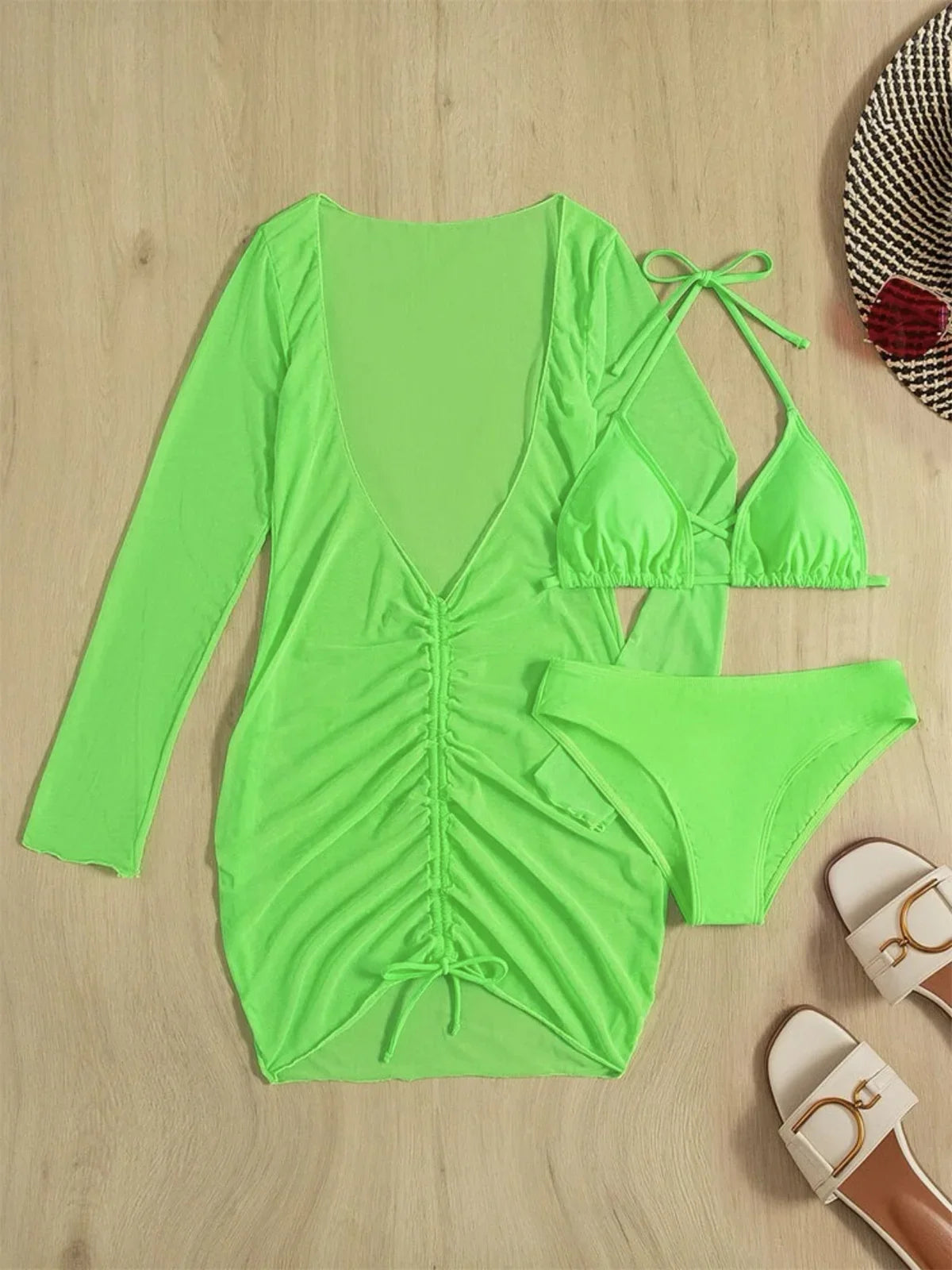 Long Sleeves Dress Bikini Set 2025 Women Neon Green Lace Up 3 Pieces Swimsuit Brazilian Bathing Suit Pleate Cover Up Swimwear