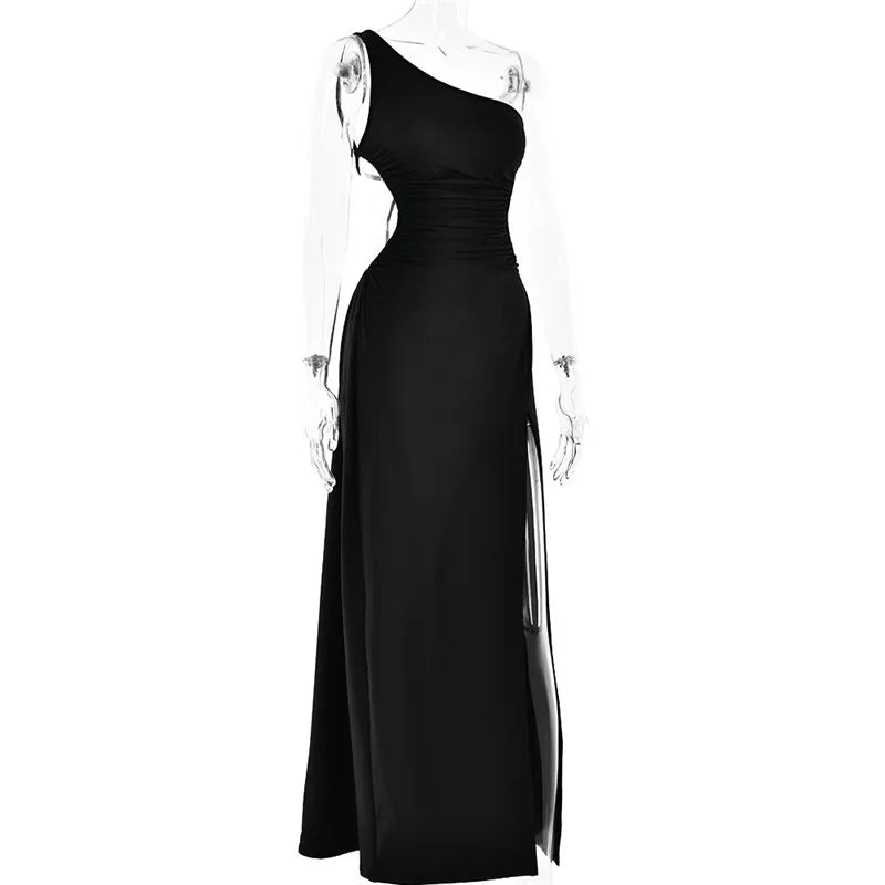 Robe maxi sexy Mozision à une épaule, col diagonal et dos nu, style peignoir, sans manches, fendue jusqu'à la cuisse.