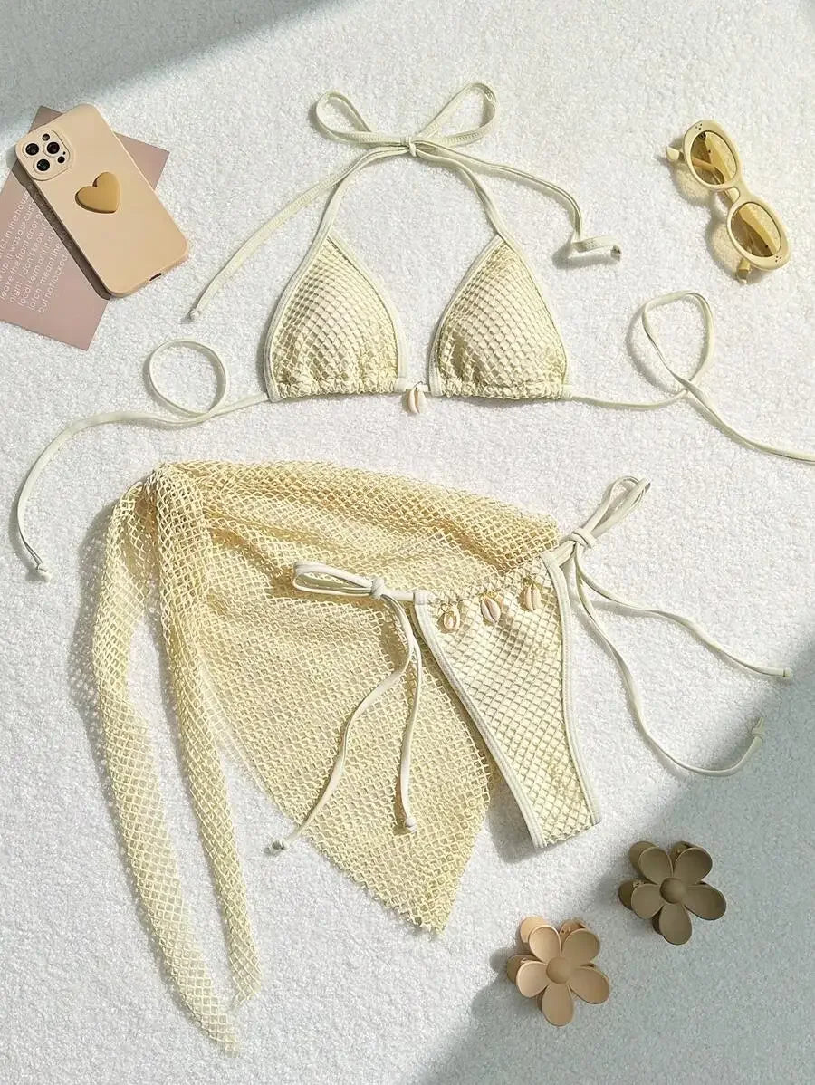Swimwear Three-piece Beach Holiday Women's Bikini Shell Fishnet Skirt Three-piece Set