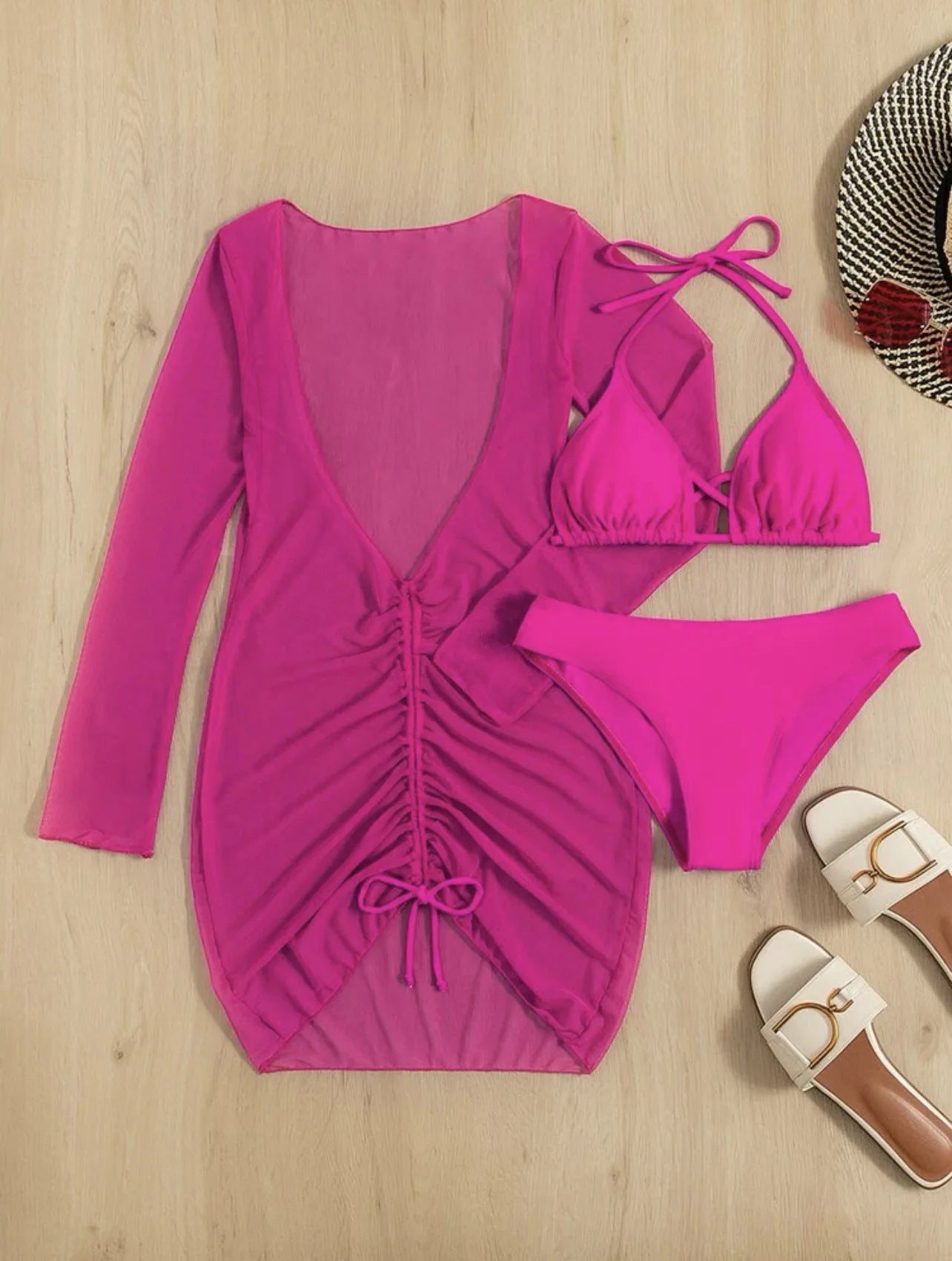 Long Sleeves Dress Bikini Set 2025 Women Neon Green Lace Up 3 Pieces Swimsuit Brazilian Bathing Suit Pleate Cover Up Swimwear