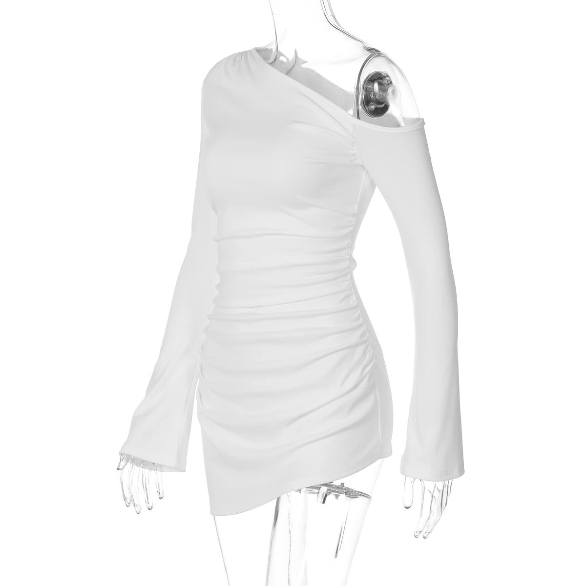 Robe mini Dulzura à épaules dénudées, manches longues, froncée et coupe slim asymétrique, unie, sexy et décontractée, idéale pour les soirées et les clubs en automne.