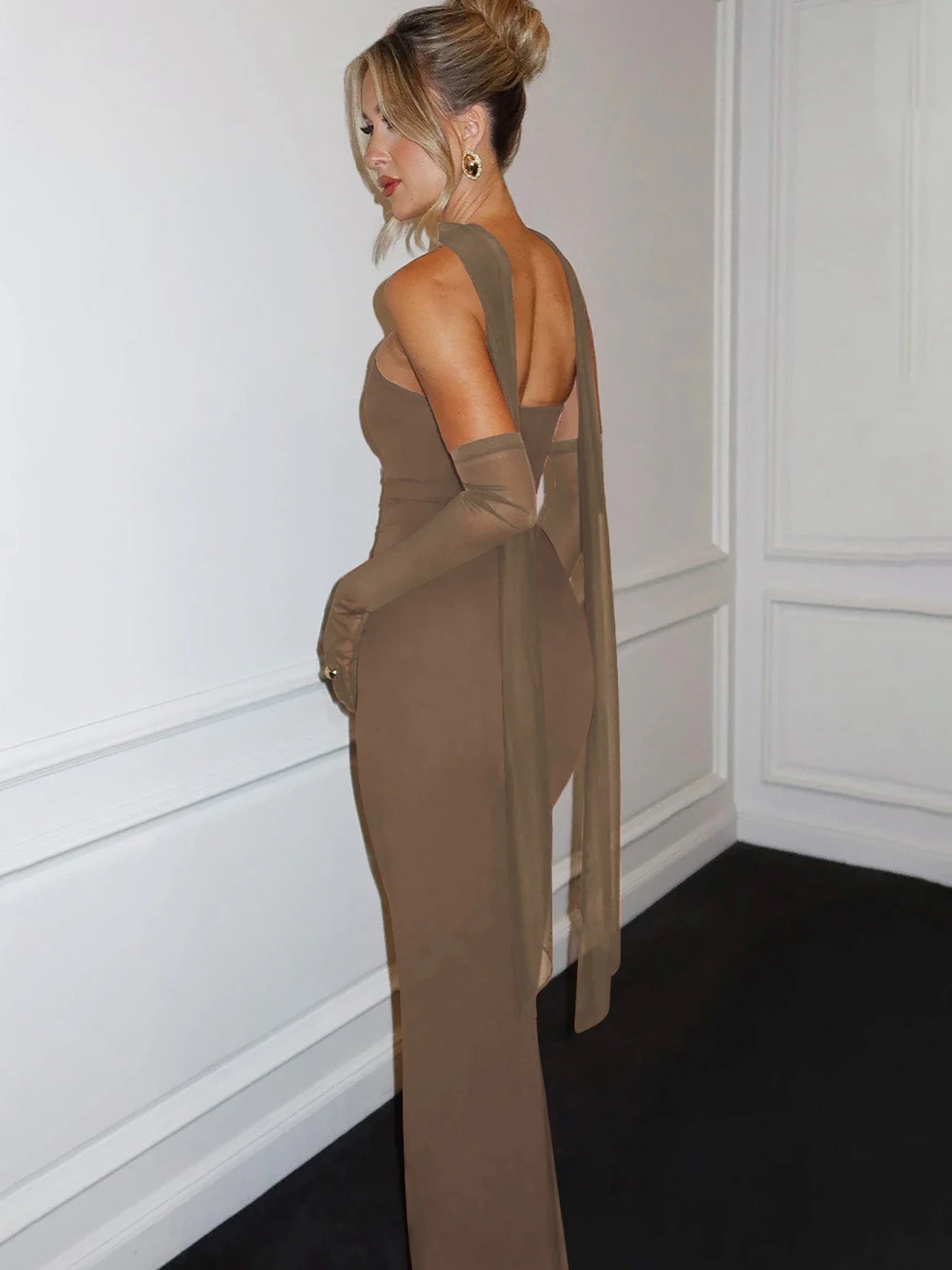 Écharpe élégante Hugcitar, sans bretelles, gants en maille unie, robe de bal maxi moulante sexy, tenues mode Y2K pour femme, mariage, fête, anniversaire