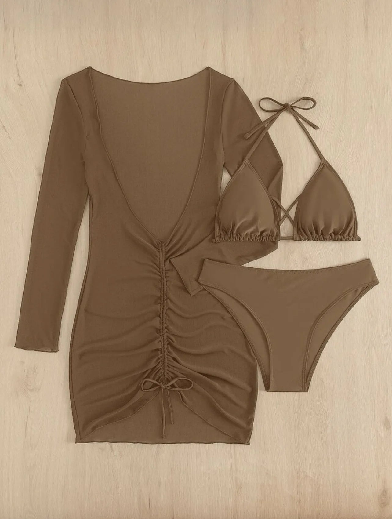 Long Sleeves Dress Bikini Set 2025 Women Neon Green Lace Up 3 Pieces Swimsuit Brazilian Bathing Suit Pleate Cover Up Swimwear
