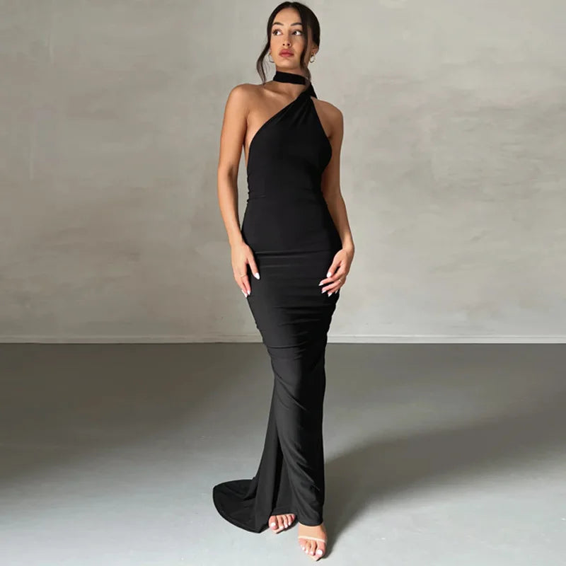 2023 One Shoulder Backless Adjustable Scarf Loop Ruched Sexy Maxi Dress Women Elegant Y2K Streetwear Festival Outfit
