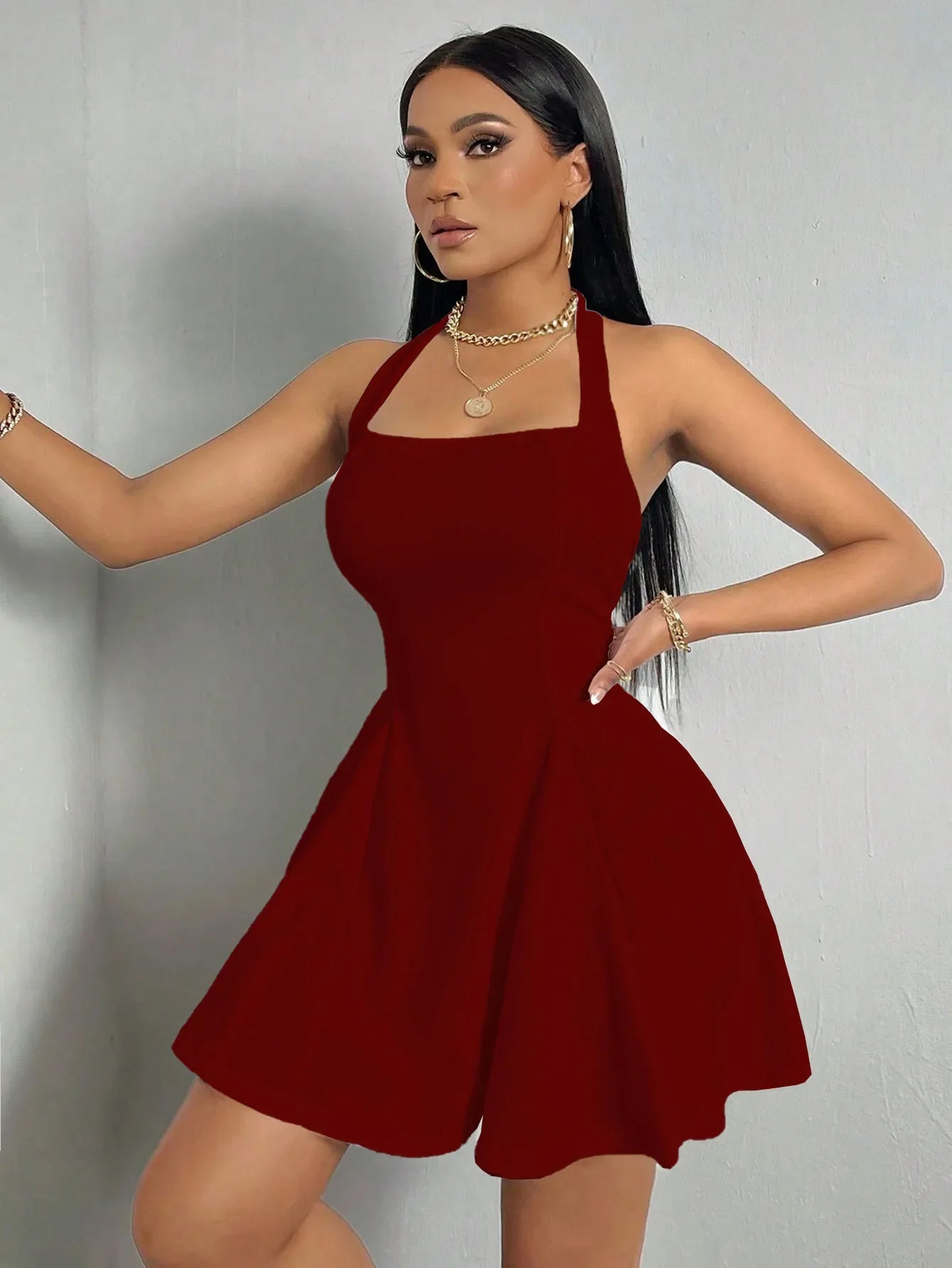 Robe Y2K sans manches, sexy et dos nu, couleur unie, col montant, coupe trapèze, grande robe évasée, mode été femme, robe cintrée à la taille