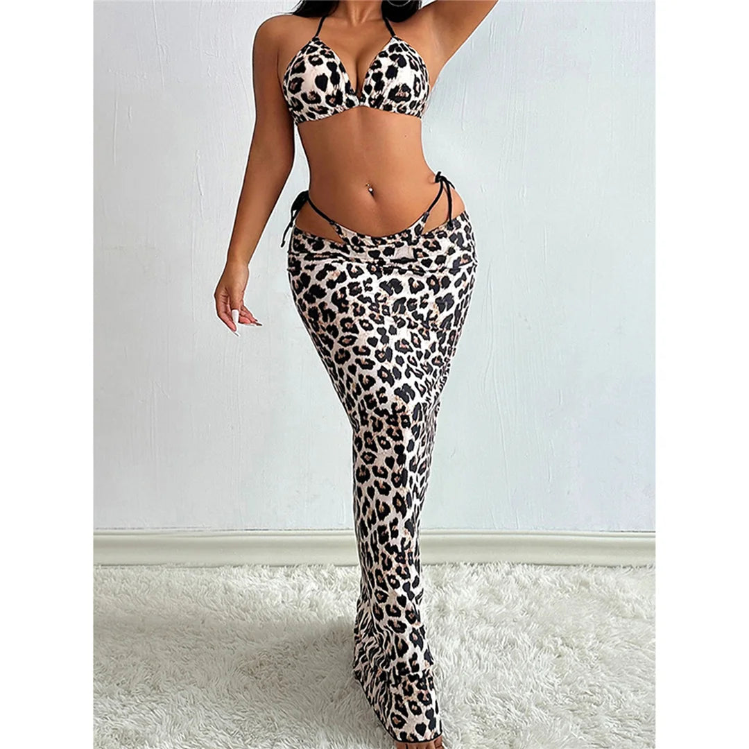 XS - L Leopard Halter Bikini Women Swimwear Female Swimsuit Three-pieces Bikini set With Long Skirt Bather Bathing Suit V6160