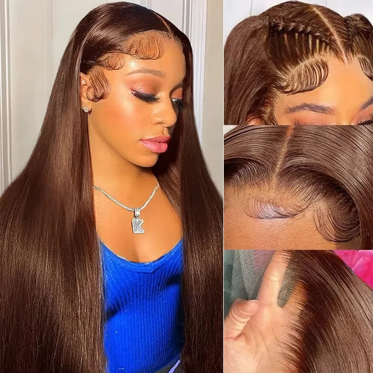 #4 Chocolate Brown Straight Human Hair Wig Chocolate Brown Straight 13x6 Lace Frontal Human Hair Wig 200 Density For Women