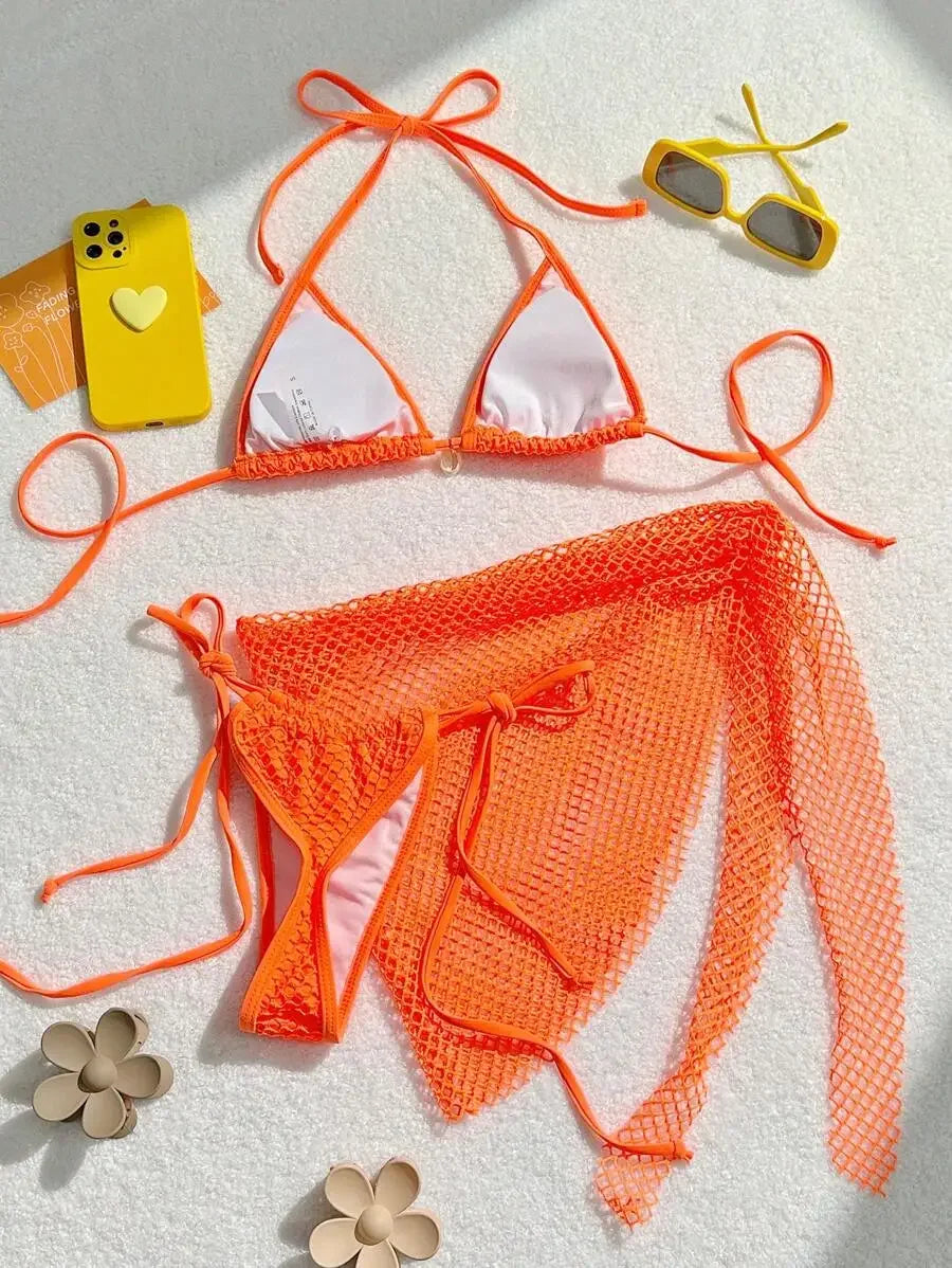 Swimwear Three-piece Beach Holiday Women's Bikini Shell Fishnet Skirt Three-piece Set