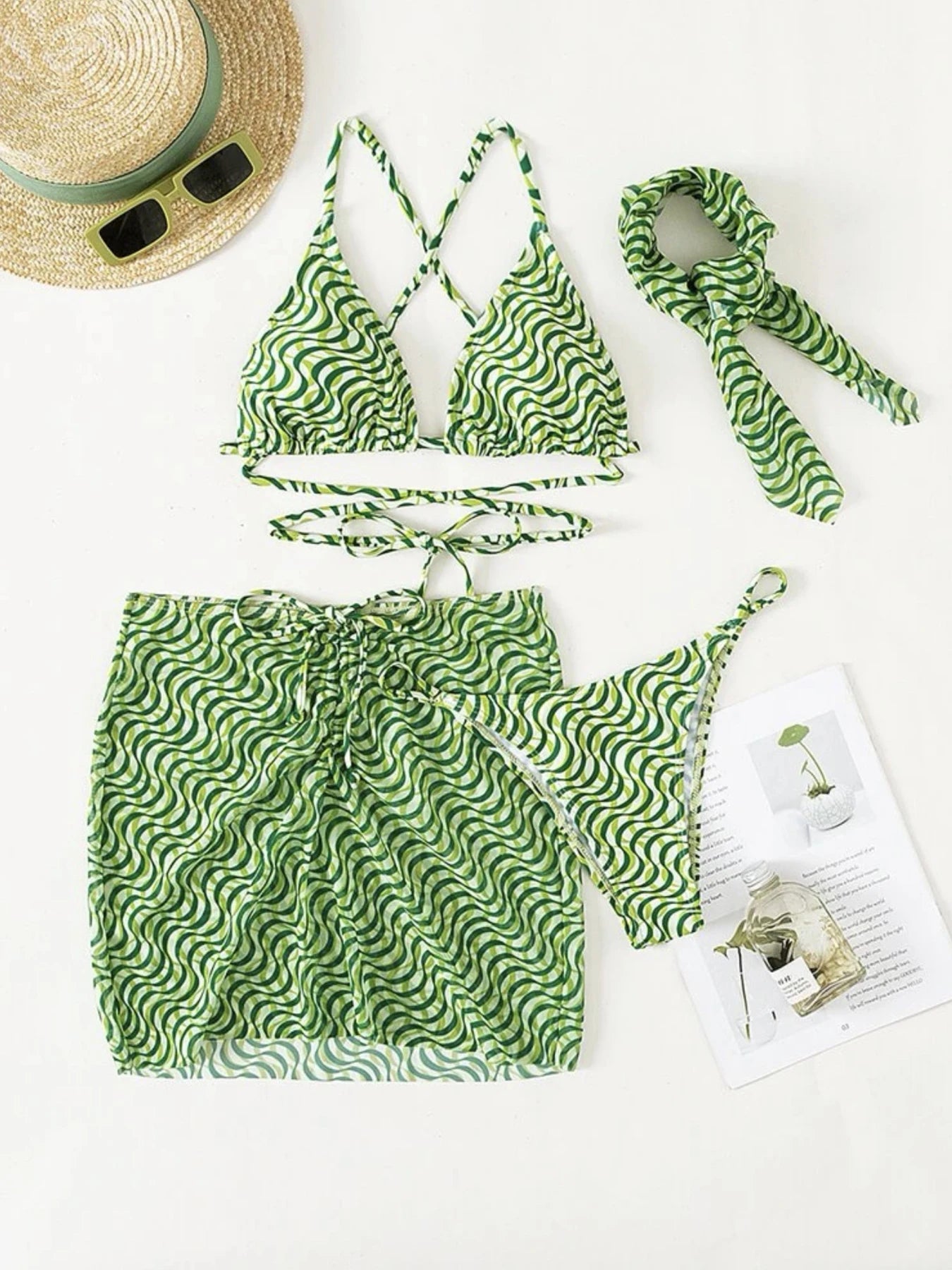 2025 New Striped Print Four Pieces Bikini Set Swimwear Women Swimsuit Female Bikini And Beach Skirt Bathing Suits Beachwear Swim