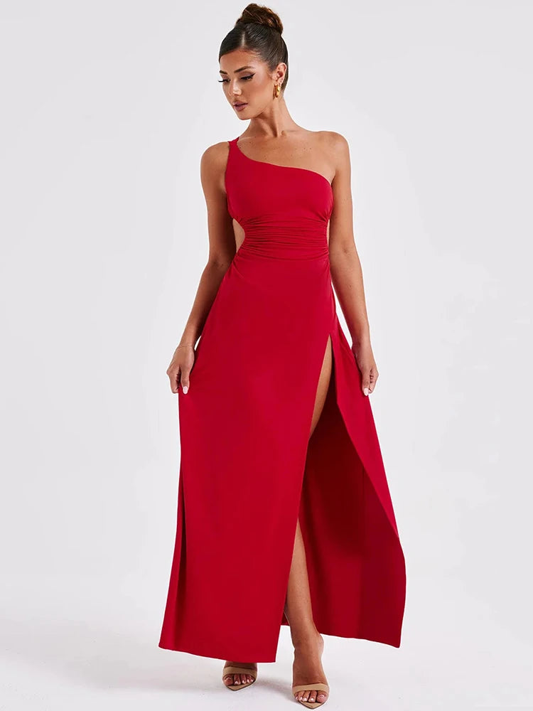 Robe maxi sexy Mozision à une épaule, col diagonal et dos nu, style peignoir, sans manches, fendue jusqu'à la cuisse.