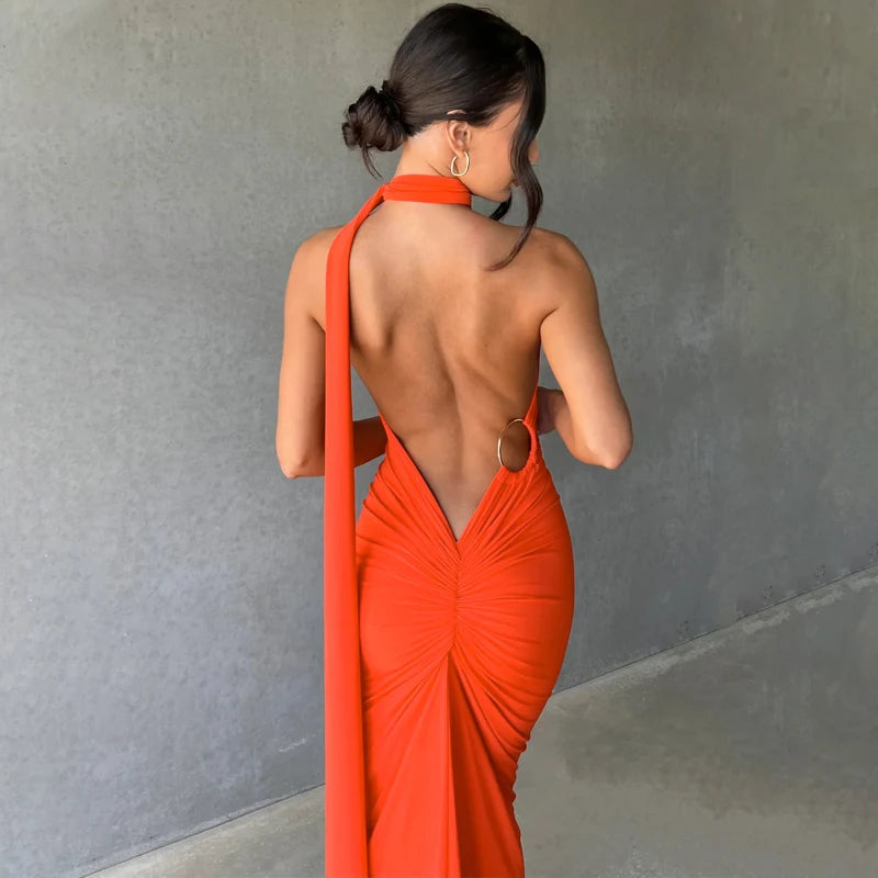 2023 One Shoulder Backless Adjustable Scarf Loop Ruched Sexy Maxi Dress Women Elegant Y2K Streetwear Festival Outfit