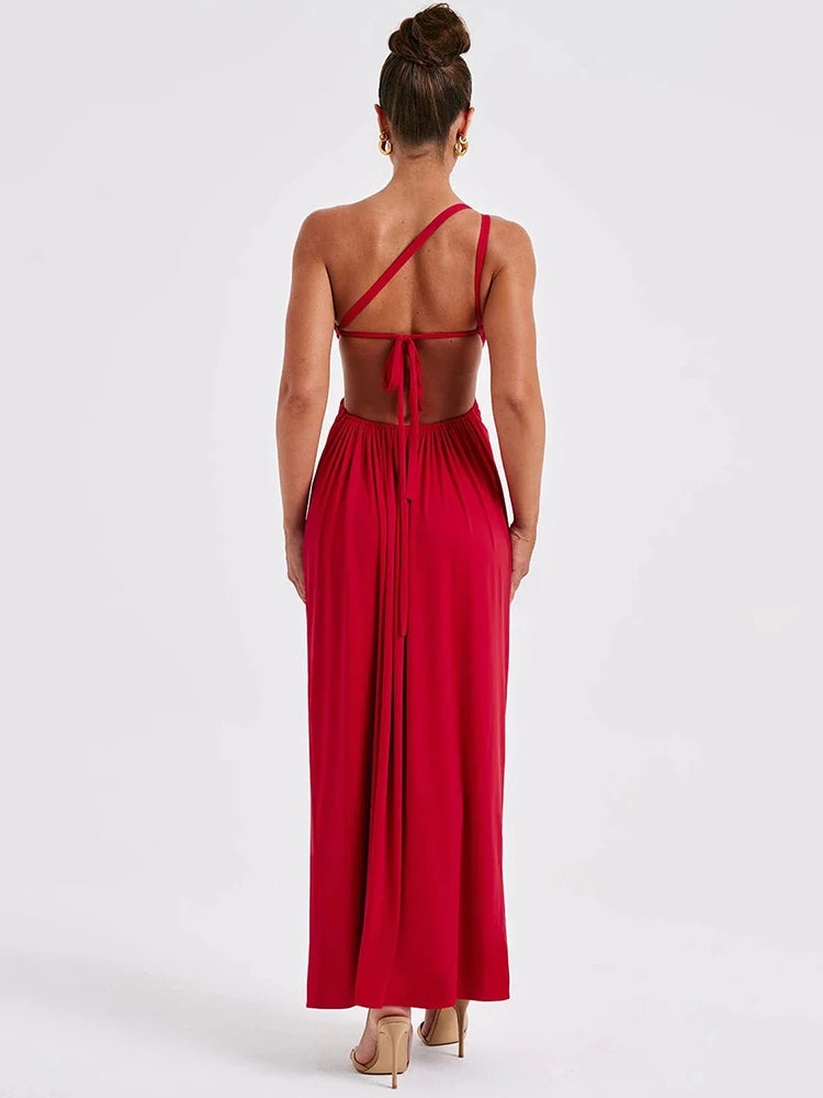 Robe maxi sexy Mozision à une épaule, col diagonal et dos nu, style peignoir, sans manches, fendue jusqu'à la cuisse.