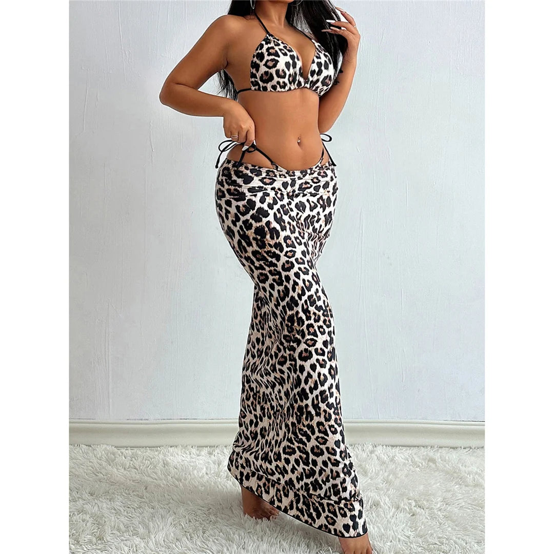 XS - L Leopard Halter Bikini Women Swimwear Female Swimsuit Three-pieces Bikini set With Long Skirt Bather Bathing Suit V6160