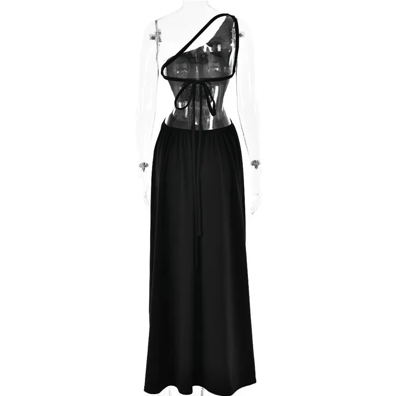 Robe maxi sexy Mozision à une épaule, col diagonal et dos nu, style peignoir, sans manches, fendue jusqu'à la cuisse.