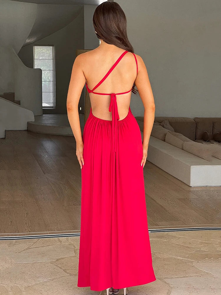 Robe maxi sexy Mozision à une épaule, col diagonal et dos nu, style peignoir, sans manches, fendue jusqu'à la cuisse.