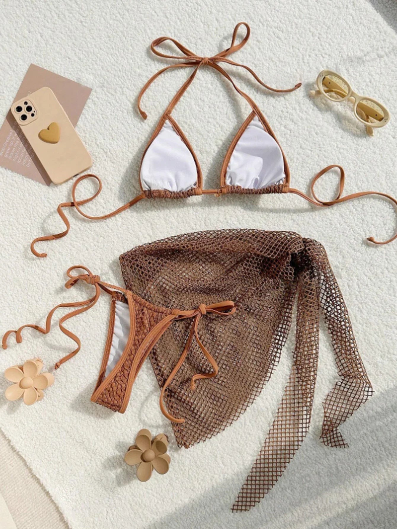 Swimwear Three-piece Beach Holiday Women's Bikini Shell Fishnet Skirt Three-piece Set