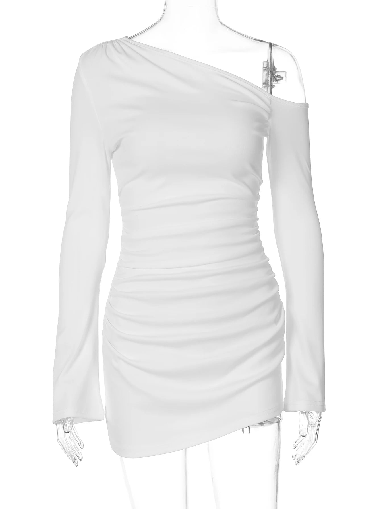 Robe mini Dulzura à épaules dénudées, manches longues, froncée et coupe slim asymétrique, unie, sexy et décontractée, idéale pour les soirées et les clubs en automne.