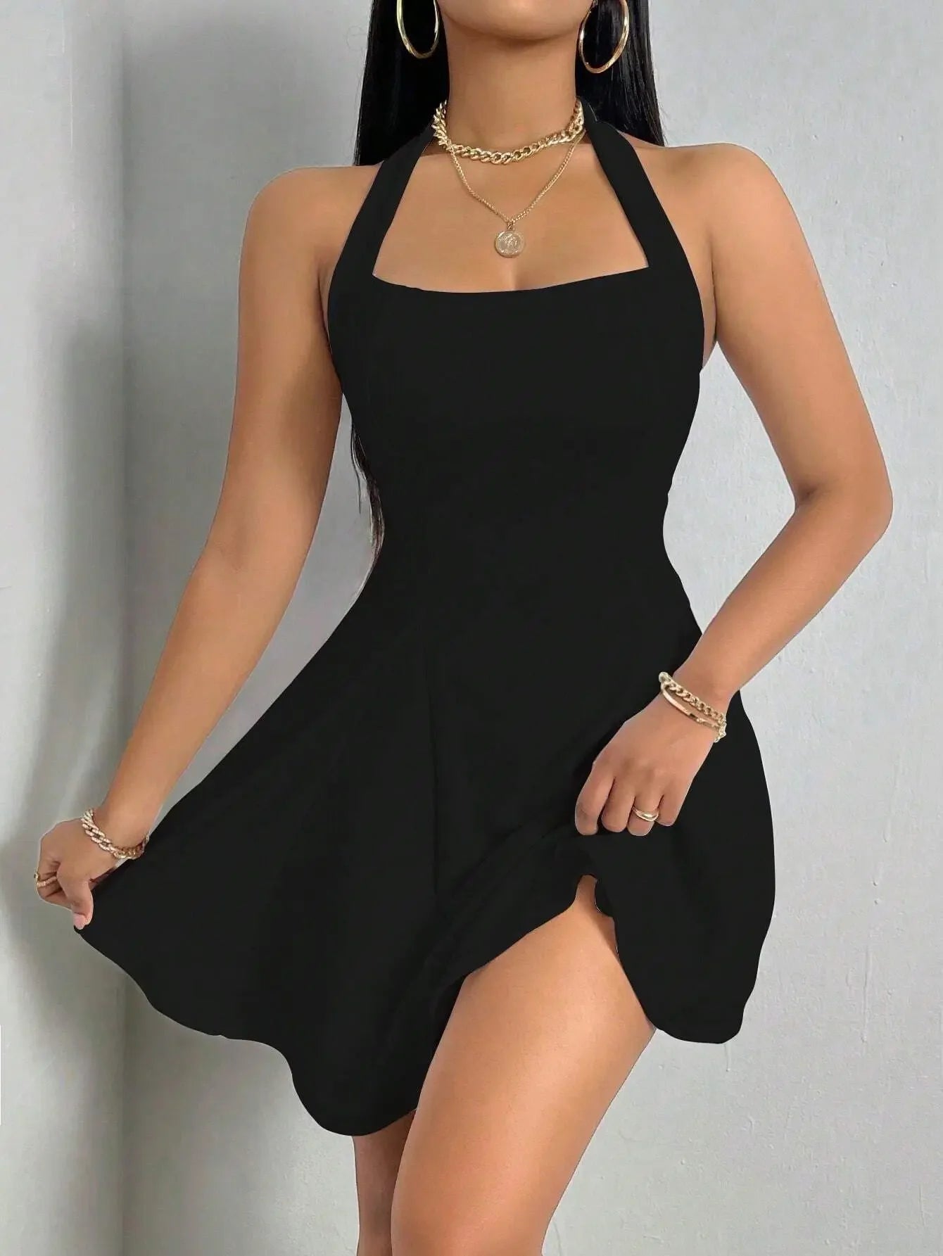 Robe Y2K sans manches, sexy et dos nu, couleur unie, col montant, coupe trapèze, grande robe évasée, mode été femme, robe cintrée à la taille