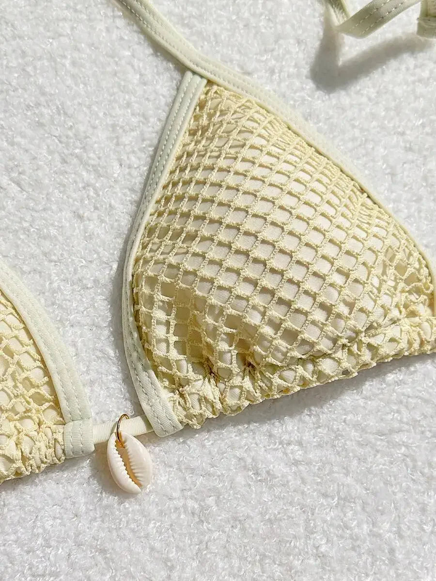 Swimwear Three-piece Beach Holiday Women's Bikini Shell Fishnet Skirt Three-piece Set