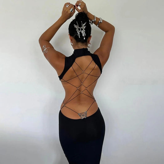 Robe longue noire dos nu sexy pour femme, sans manches, élégante, moulante, style licou, robe longue décontractée pour soirée.