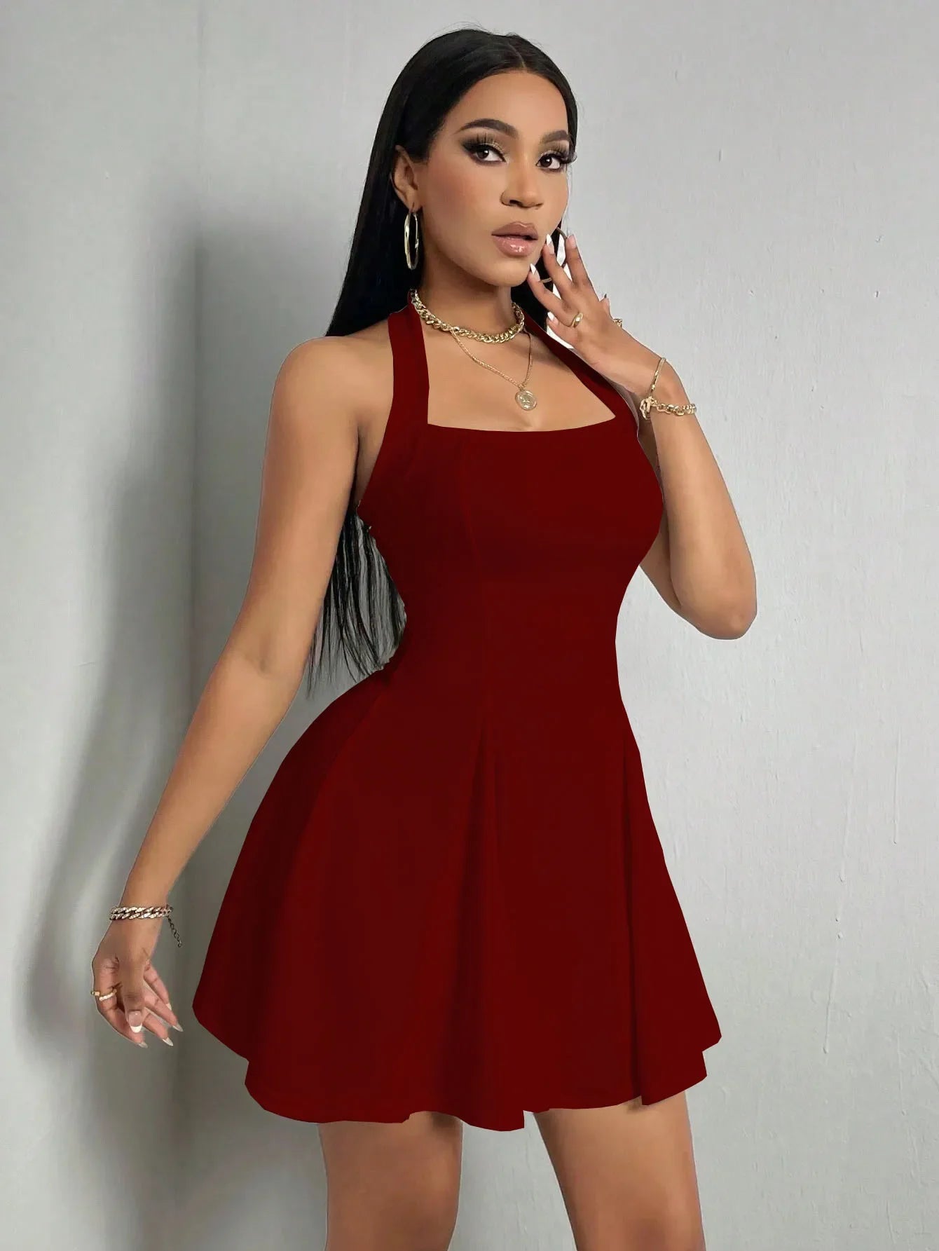 Robe Y2K sans manches, sexy et dos nu, couleur unie, col montant, coupe trapèze, grande robe évasée, mode été femme, robe cintrée à la taille