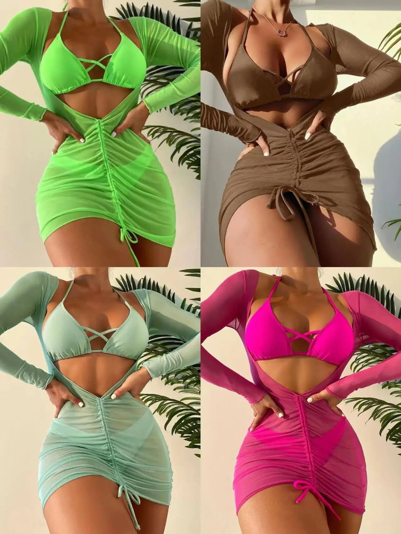 Long Sleeves Dress Bikini Set 2025 Women Neon Green Lace Up 3 Pieces Swimsuit Brazilian Bathing Suit Pleate Cover Up Swimwear