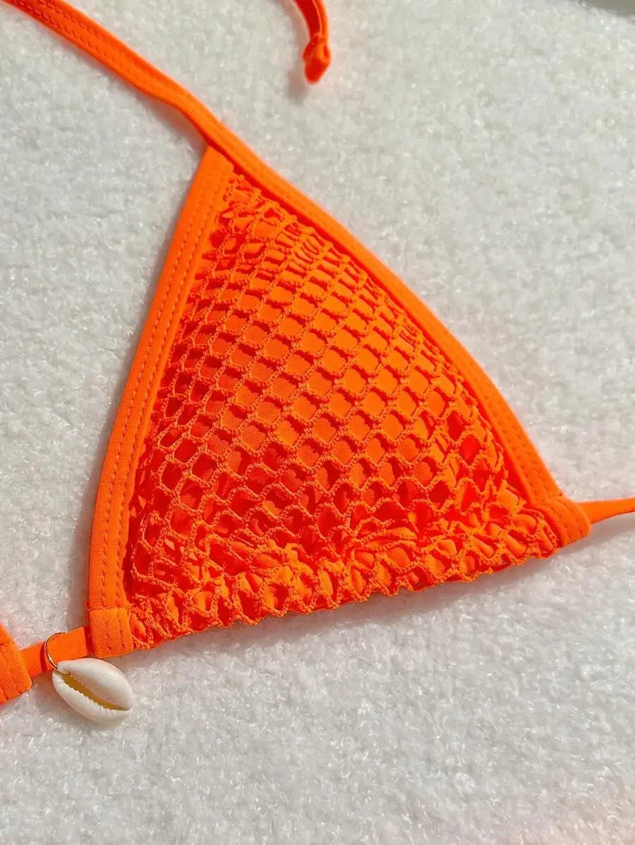 Swimwear Three-piece Beach Holiday Women's Bikini Shell Fishnet Skirt Three-piece Set