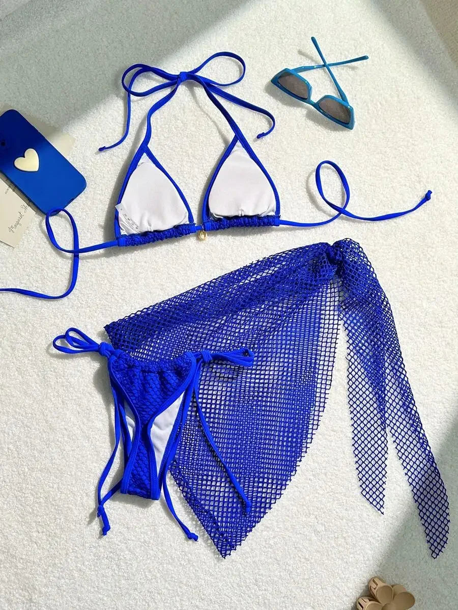 Swimwear Three-piece Beach Holiday Women's Bikini Shell Fishnet Skirt Three-piece Set