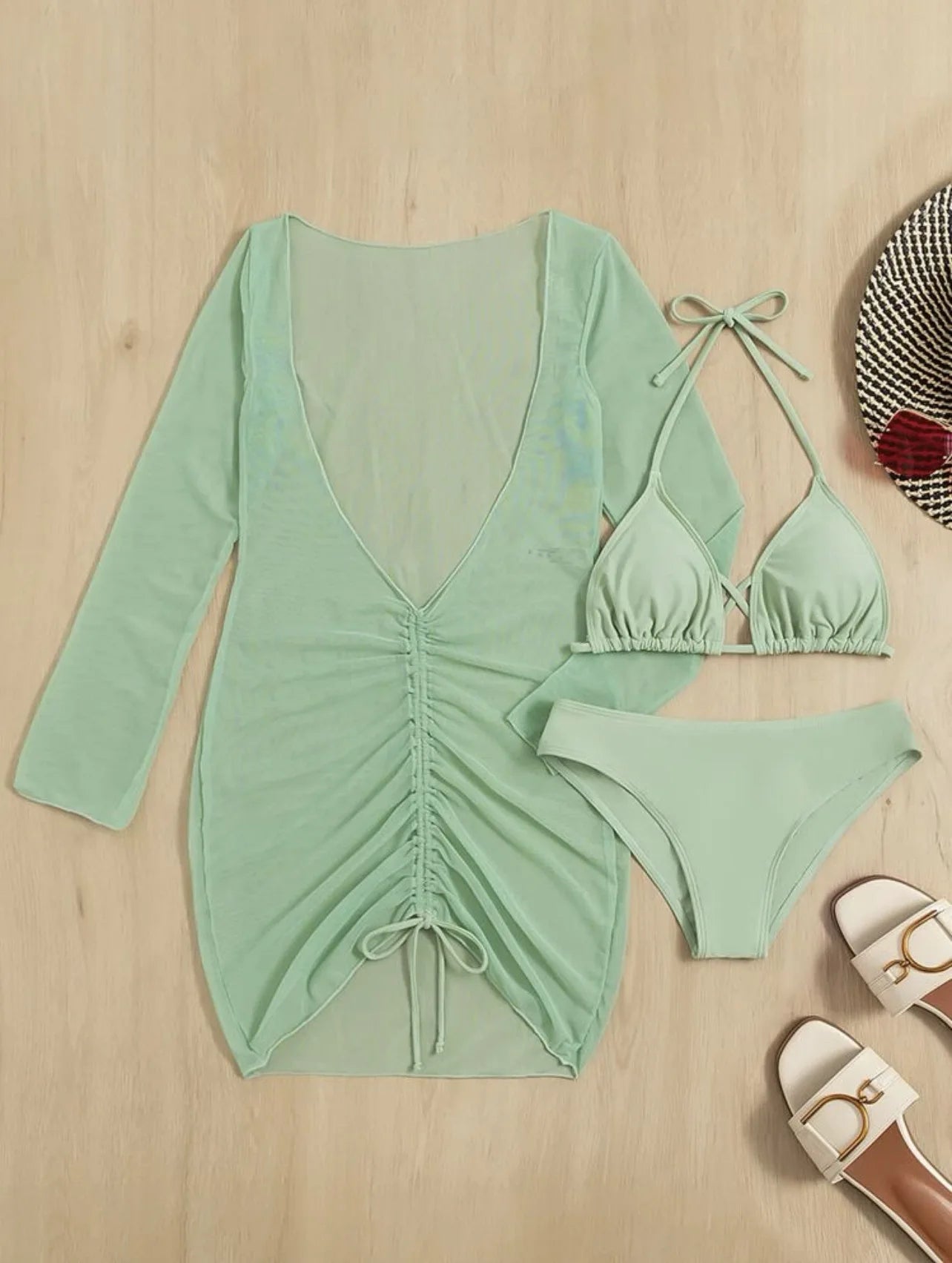 Long Sleeves Dress Bikini Set 2025 Women Neon Green Lace Up 3 Pieces Swimsuit Brazilian Bathing Suit Pleate Cover Up Swimwear