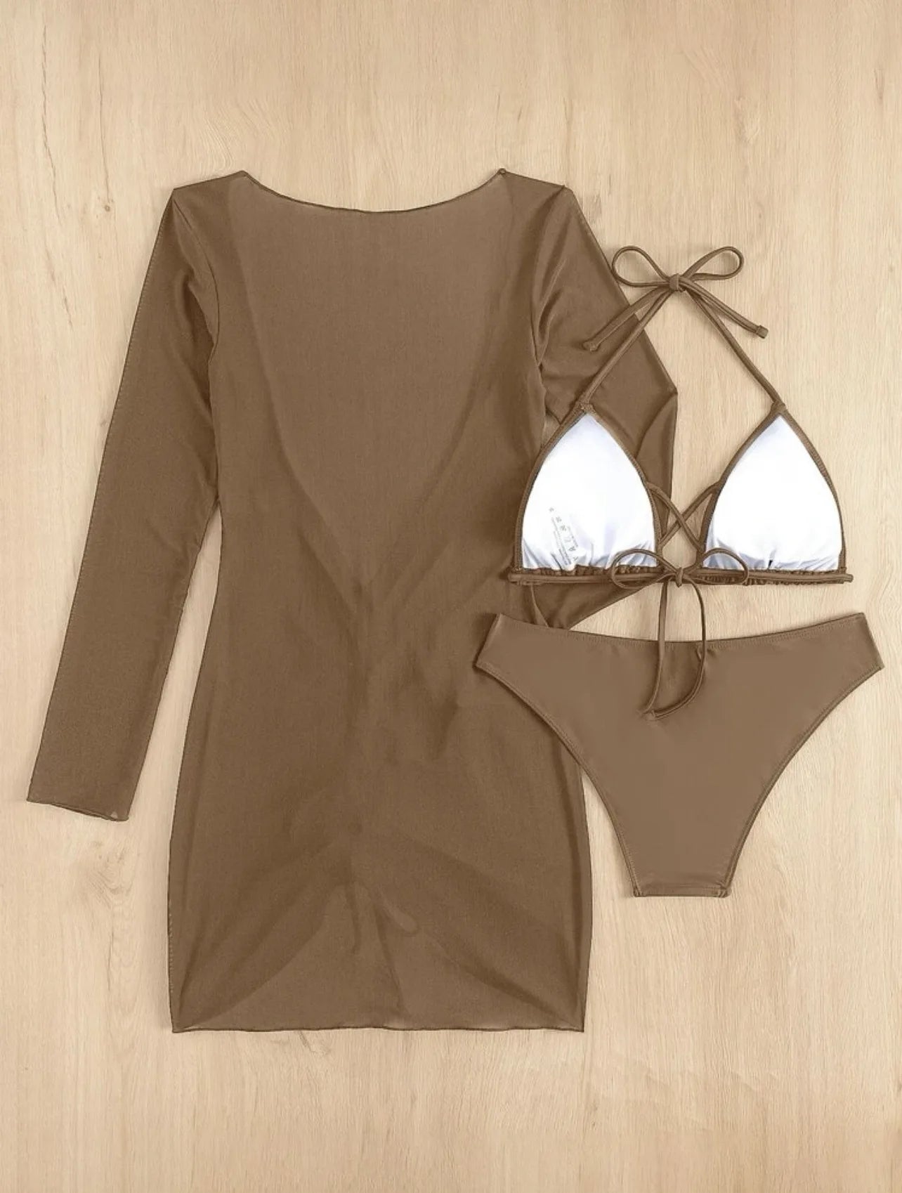 Long Sleeves Dress Bikini Set 2025 Women Neon Green Lace Up 3 Pieces Swimsuit Brazilian Bathing Suit Pleate Cover Up Swimwear