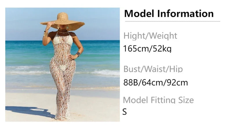 Women 3 Pieces Sexy Beach Bikini Set Backless Hollow Out Hole Knit Long Dress Cover Up+Lace Up Halter Bra Top+Underwear Swimsuit