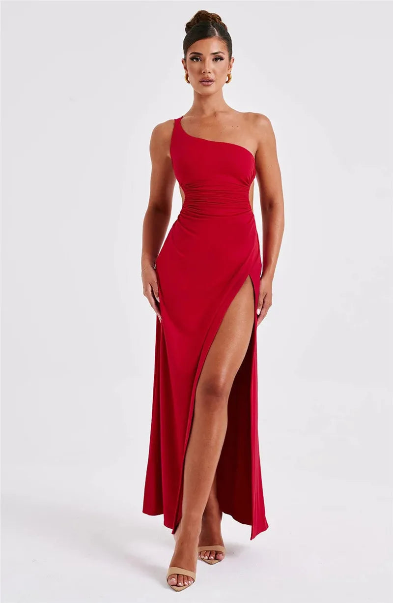 Robe maxi sexy Mozision à une épaule, col diagonal et dos nu, style peignoir, sans manches, fendue jusqu'à la cuisse.