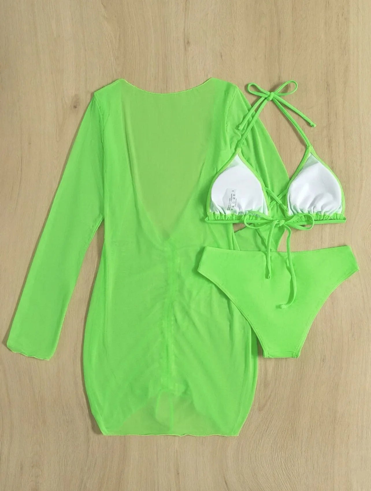 Long Sleeves Dress Bikini Set 2025 Women Neon Green Lace Up 3 Pieces Swimsuit Brazilian Bathing Suit Pleate Cover Up Swimwear