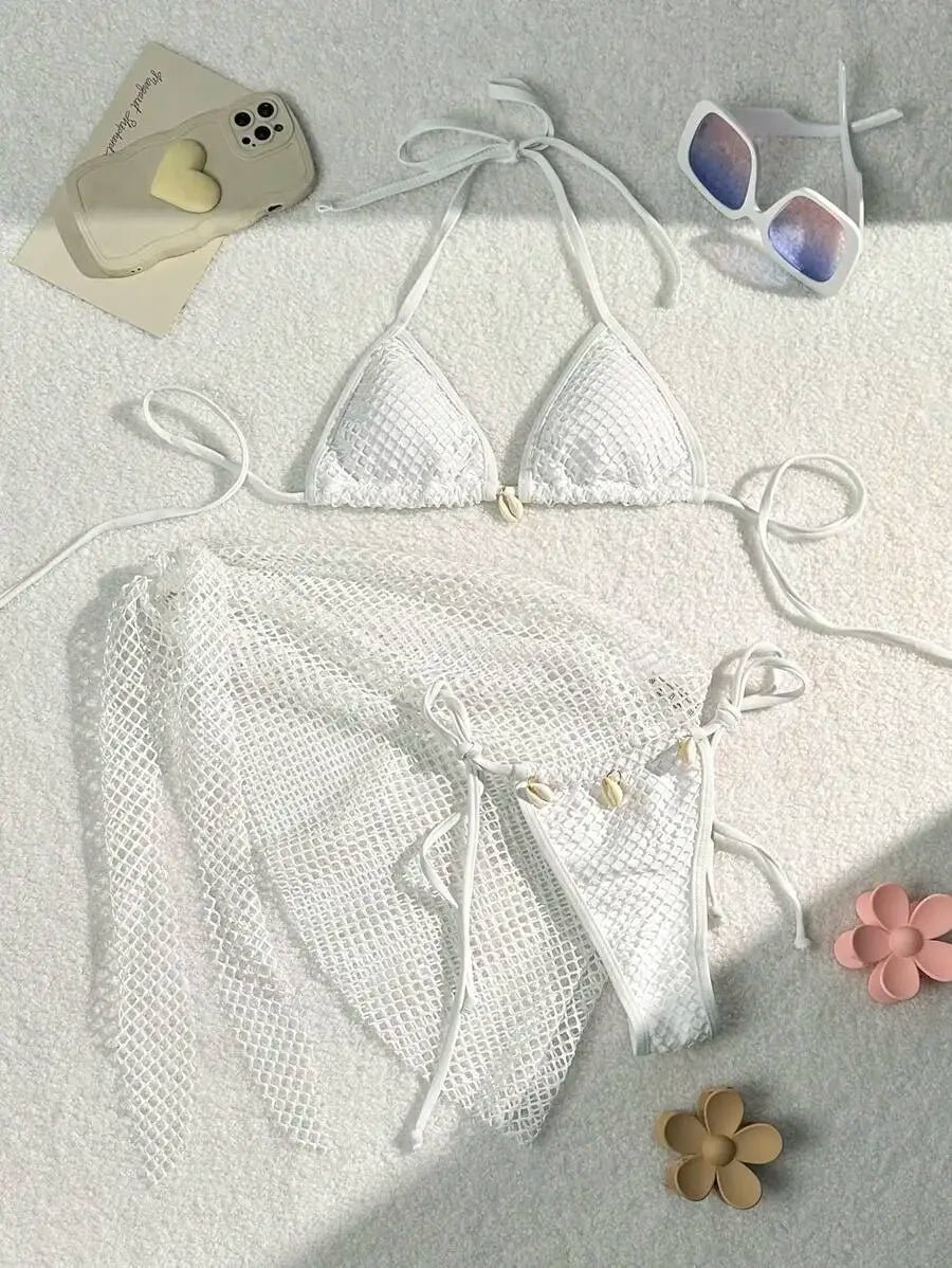 Swimwear Three-piece Beach Holiday Women's Bikini Shell Fishnet Skirt Three-piece Set