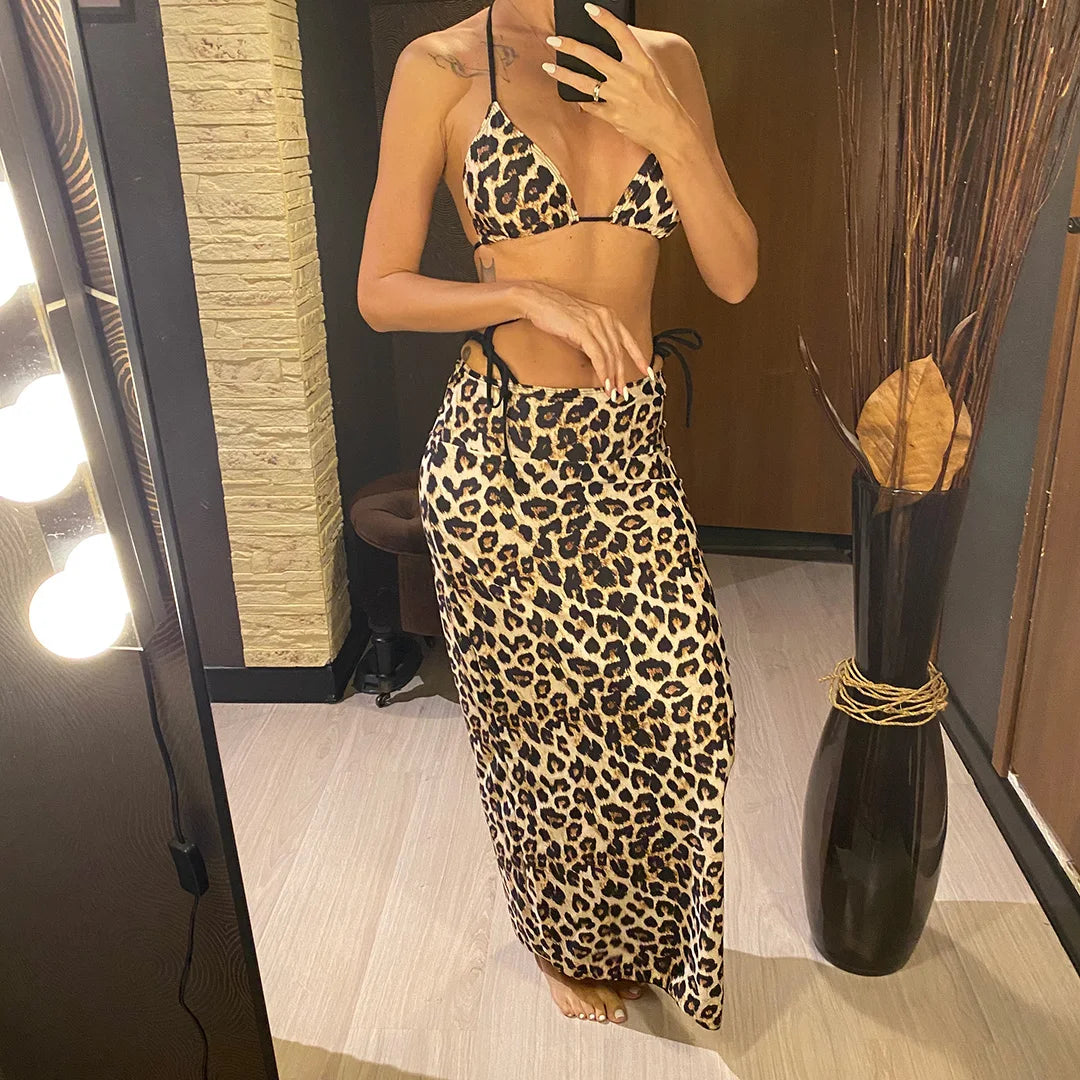 XS - L Leopard Halter Bikini Women Swimwear Female Swimsuit Three-pieces Bikini set With Long Skirt Bather Bathing Suit V6160