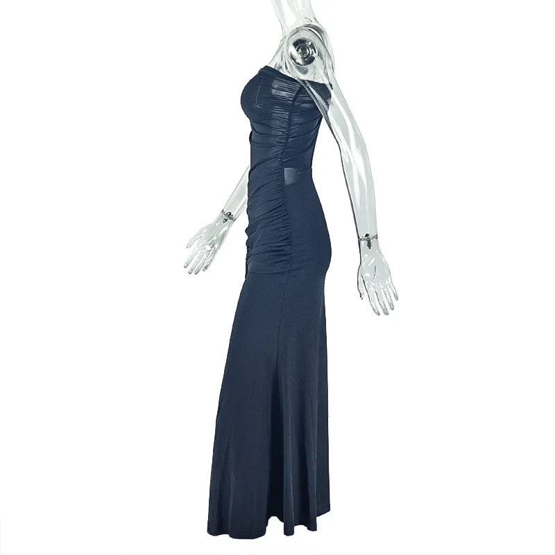 Robe longue sexy asymétrique dos nu Leosoxs, robe de plage moulante sans manches à épaules dénudées.