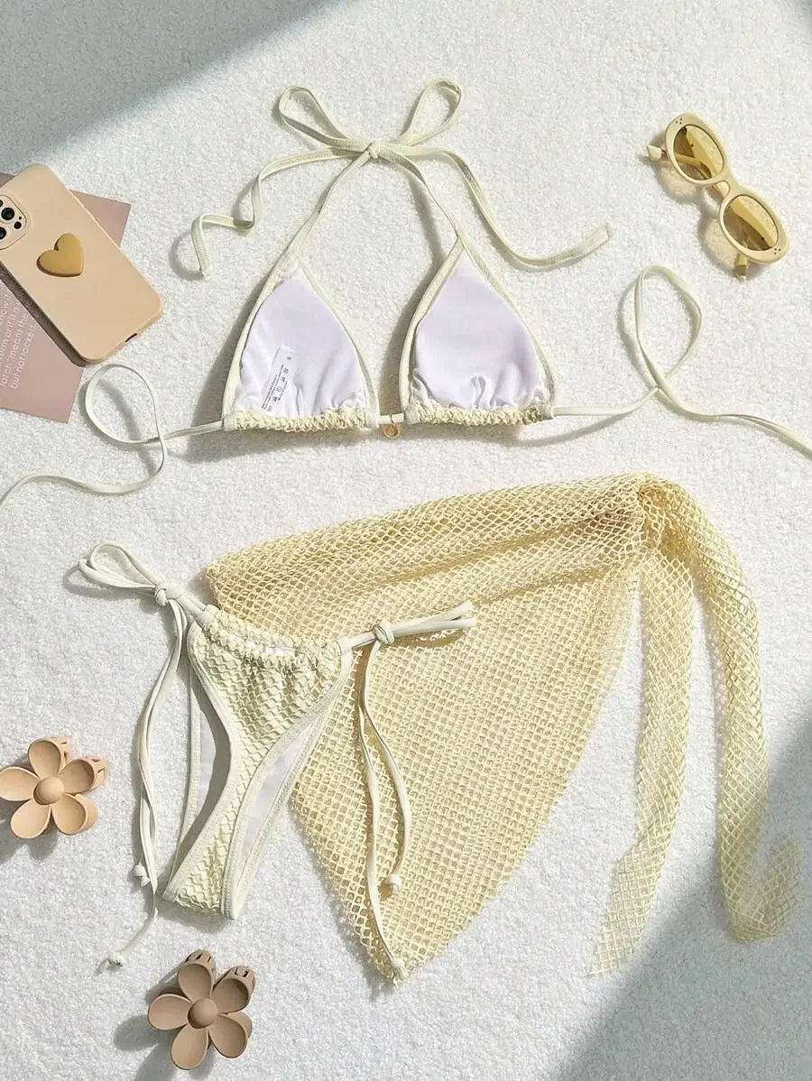Swimwear Three-piece Beach Holiday Women's Bikini Shell Fishnet Skirt Three-piece Set