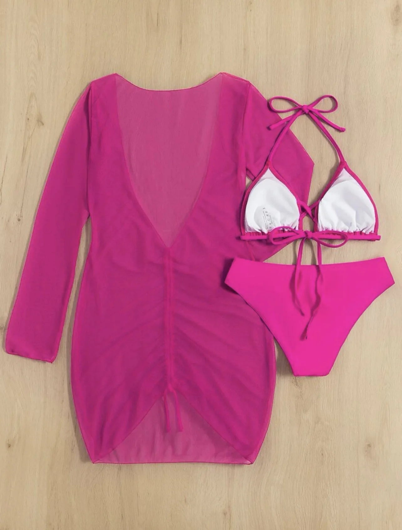 Long Sleeves Dress Bikini Set 2025 Women Neon Green Lace Up 3 Pieces Swimsuit Brazilian Bathing Suit Pleate Cover Up Swimwear