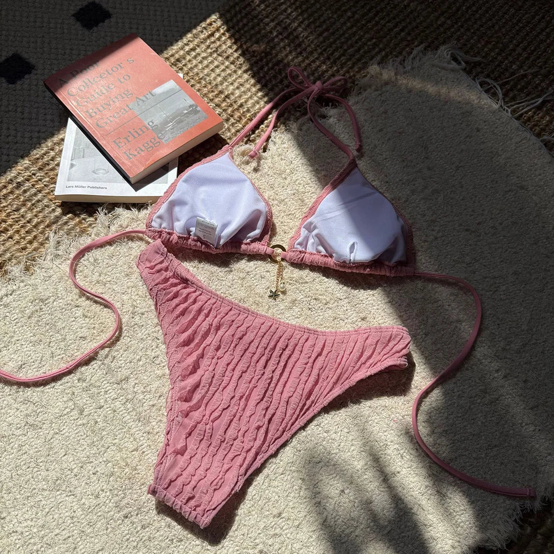 Wrinkled Halter Bikini Women Swimwear Female Swimsuit Two-pieces Bikini set Brazilian High Cut Bather Bathing Suit Swim V6209