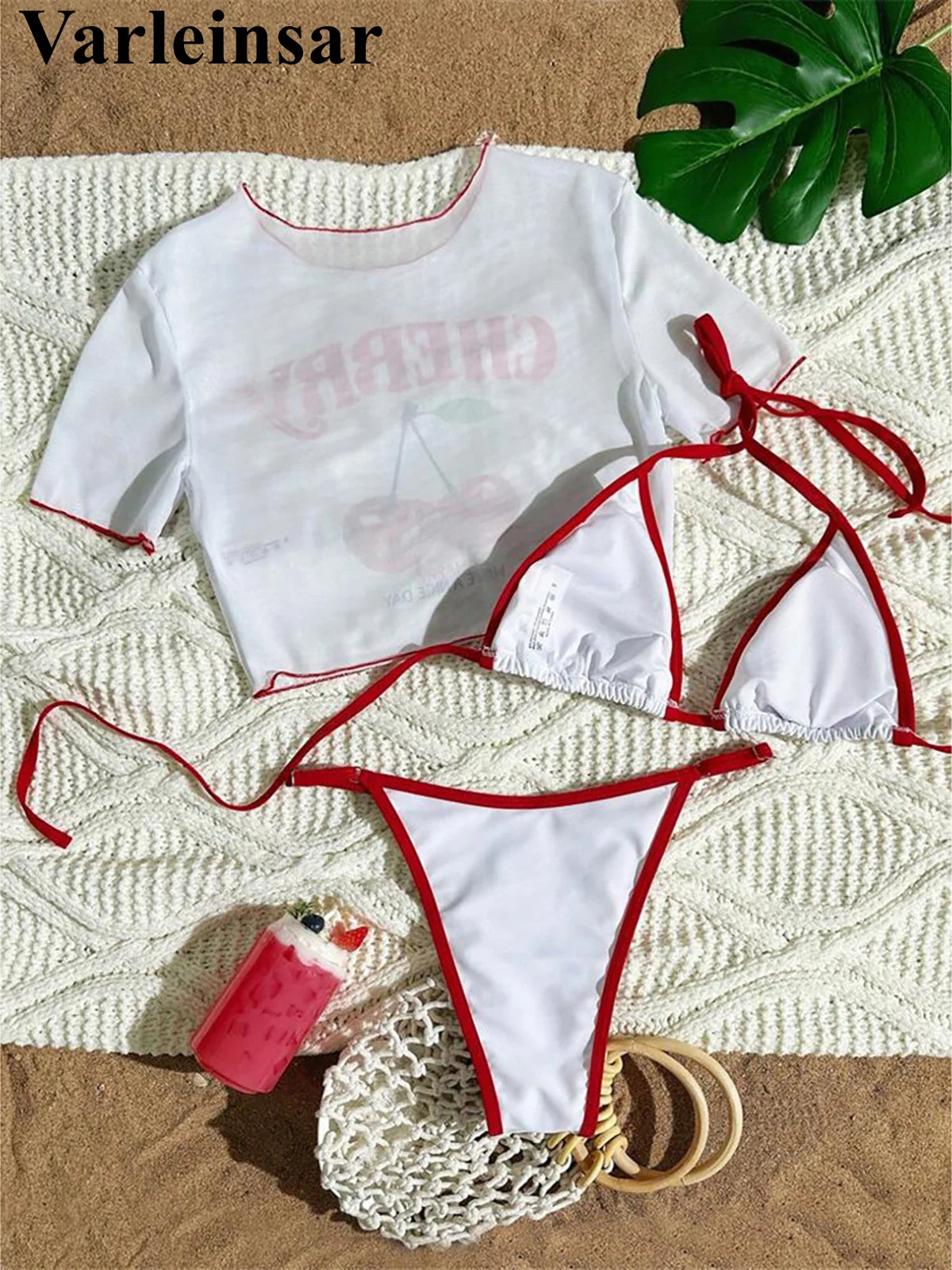 XS - L Cherry Printed Short Sleeve Bikini Female Swimsuit Women Swimwear Three-pieces Bikini set Bather Bathing Suit Swim V6854