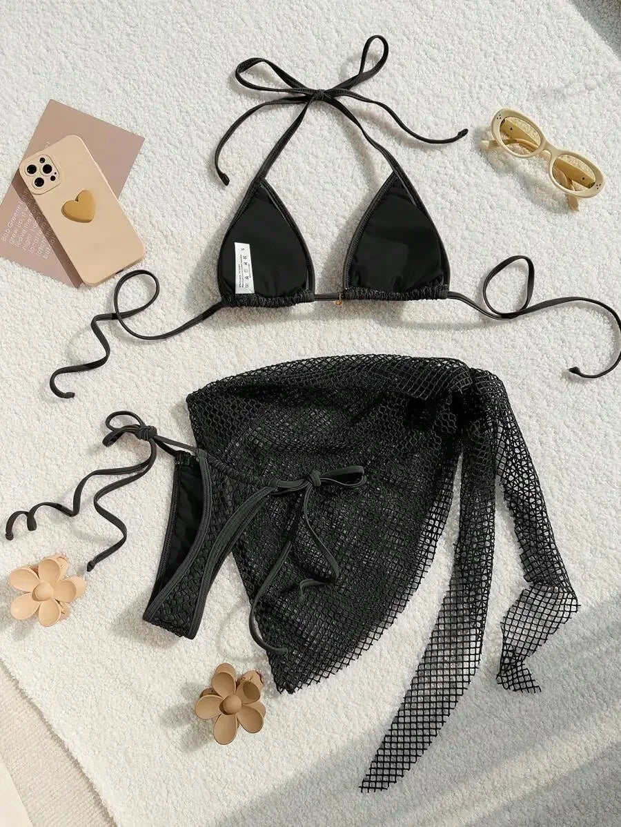 Swimwear Three-piece Beach Holiday Women's Bikini Shell Fishnet Skirt Three-piece Set