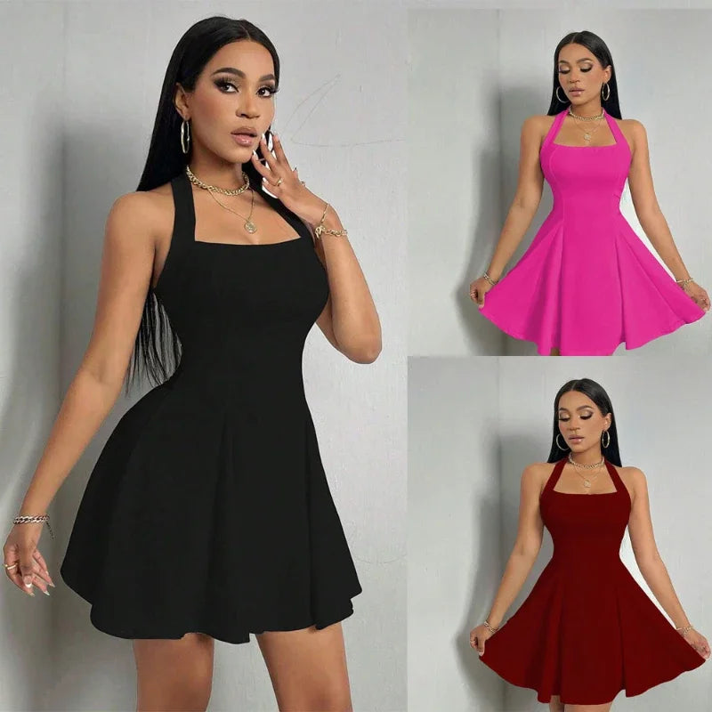 Robe Y2K sans manches, sexy et dos nu, couleur unie, col montant, coupe trapèze, grande robe évasée, mode été femme, robe cintrée à la taille