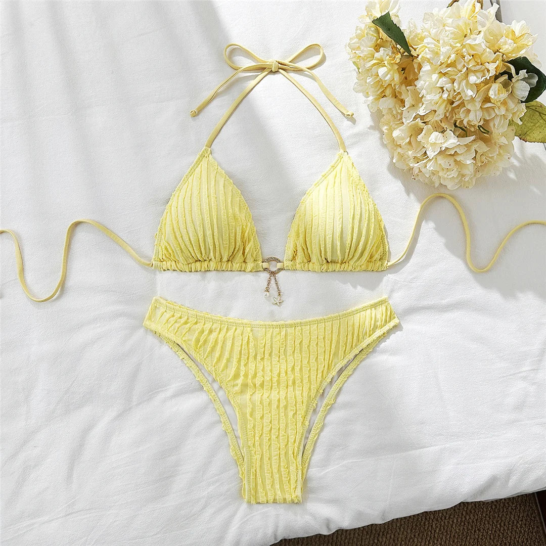 Wrinkled Halter Bikini Women Swimwear Female Swimsuit Two-pieces Bikini set Brazilian High Cut Bather Bathing Suit Swim V6209