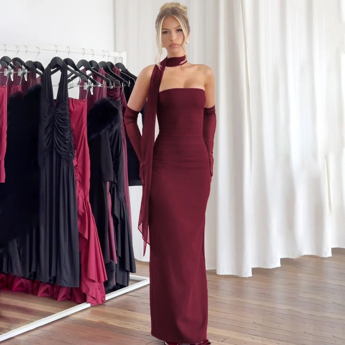 Écharpe élégante Hugcitar, sans bretelles, gants en maille unie, robe de bal maxi moulante sexy, tenues mode Y2K pour femme, mariage, fête, anniversaire