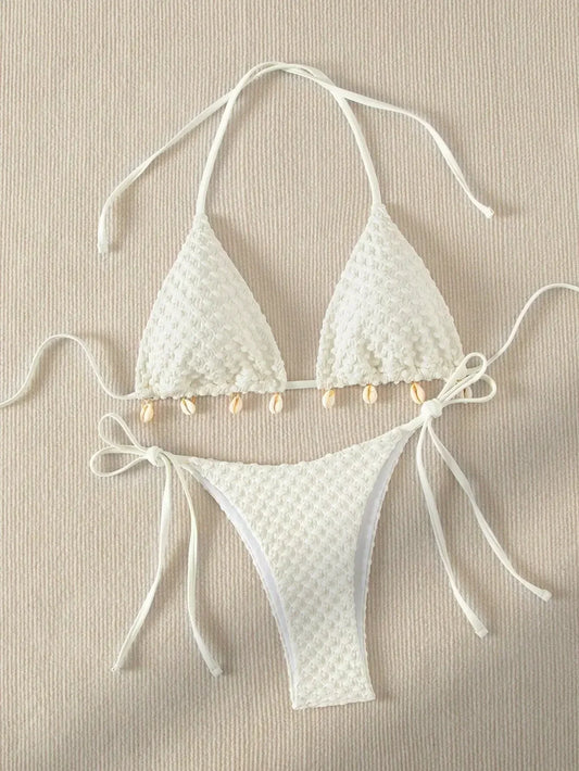 Sexy Bikini Set Shell Designer Swimsuit 2025 White Black Push Up Micro Bikinis Summer Bathing Suit Tie Side Triangle Swimwear