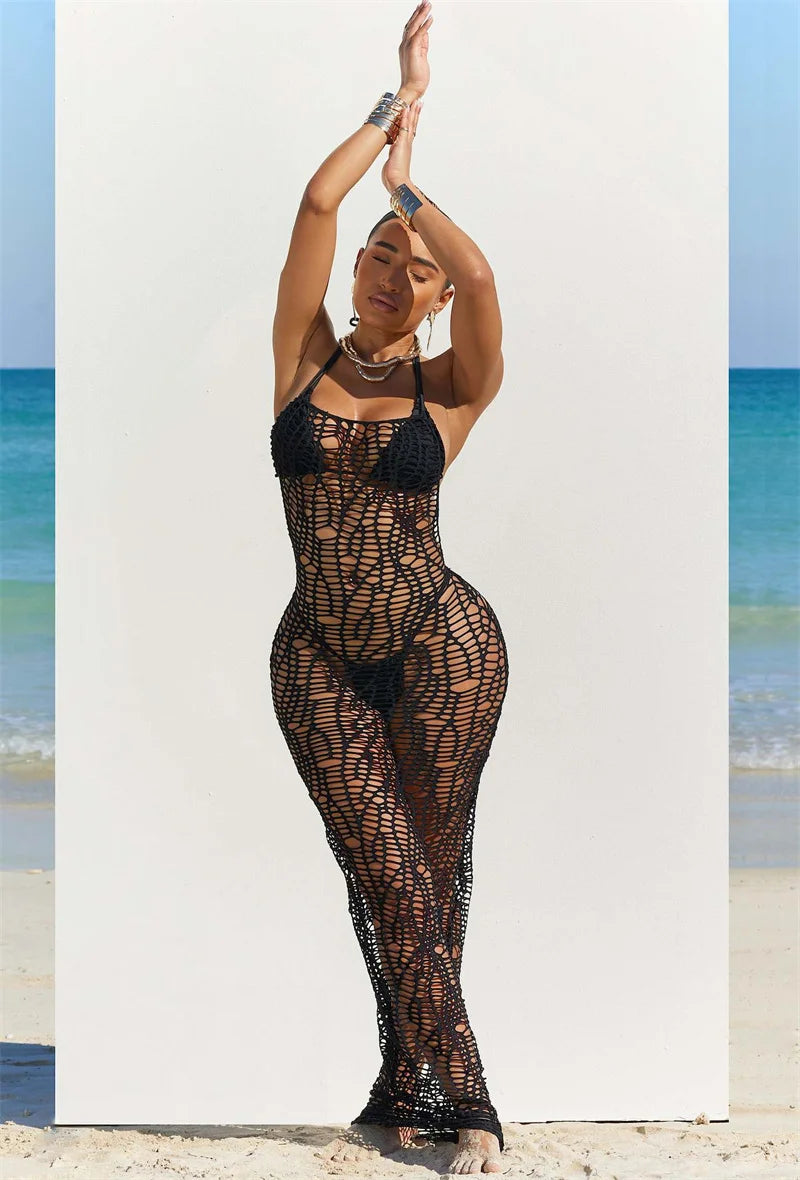 Women 3 Pieces Sexy Beach Bikini Set Backless Hollow Out Hole Knit Long Dress Cover Up+Lace Up Halter Bra Top+Underwear Swimsuit